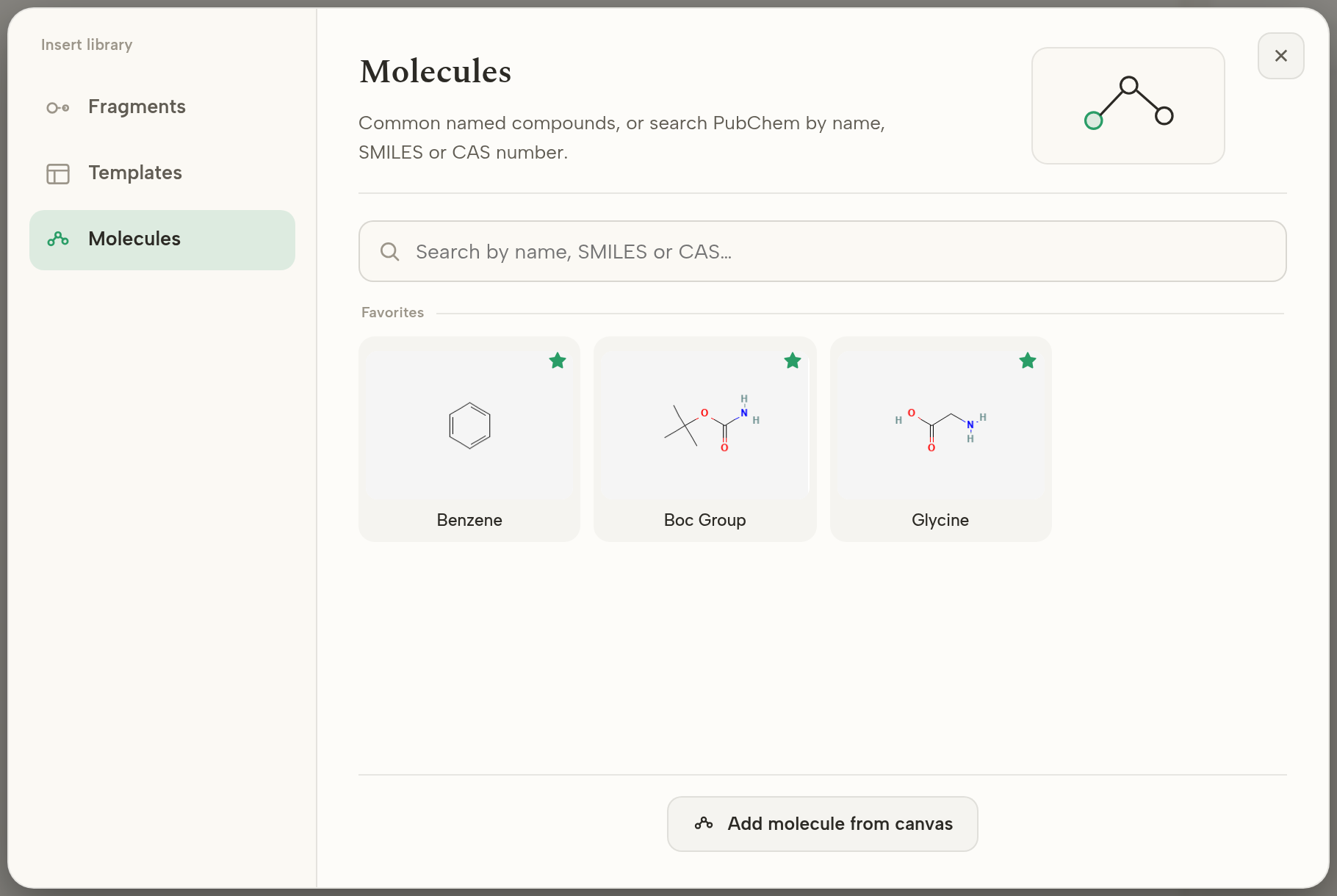 Structura's Insert library Molecules tab showing starred favourites: Benzene, Boc Group and Glycine