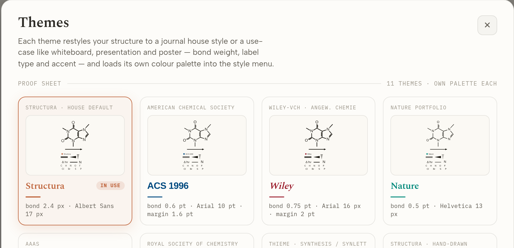 Structura's Themes gallery with the house default Structura theme in use